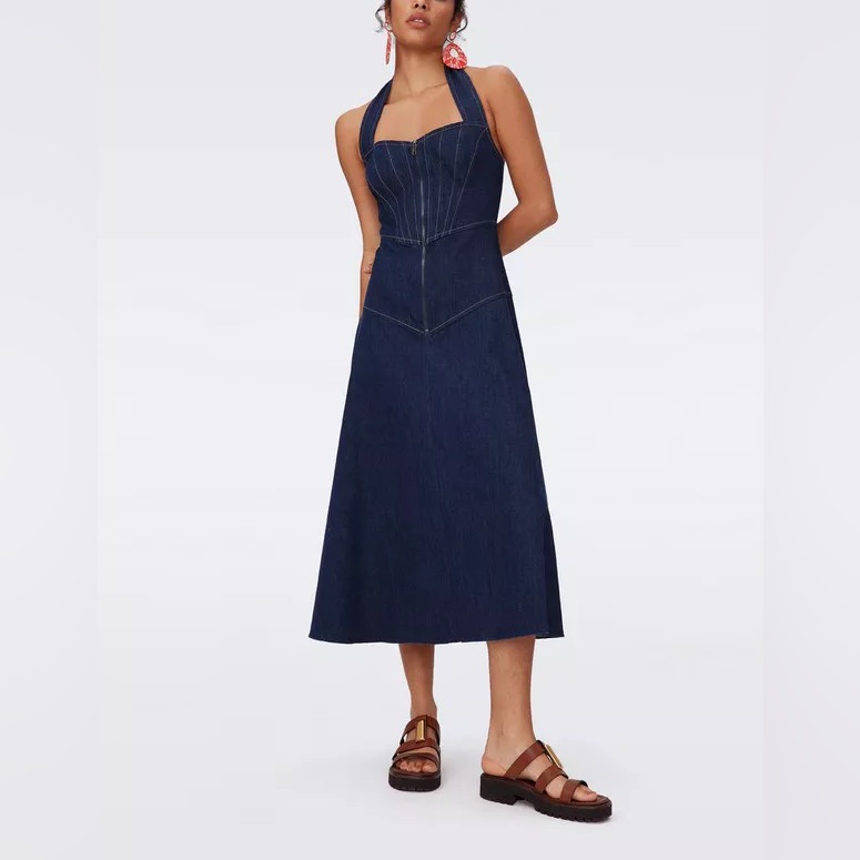 Diane Von Furstenberg Millena Denim Midi Halter Dress Women's Size 4